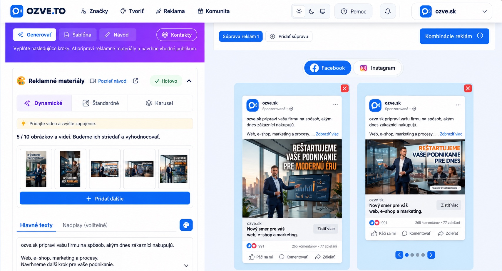 Úprava reklamy v OZVE: obrázky a videá v teste, hlavné texty a náhľad reklám pre Facebook a Instagram