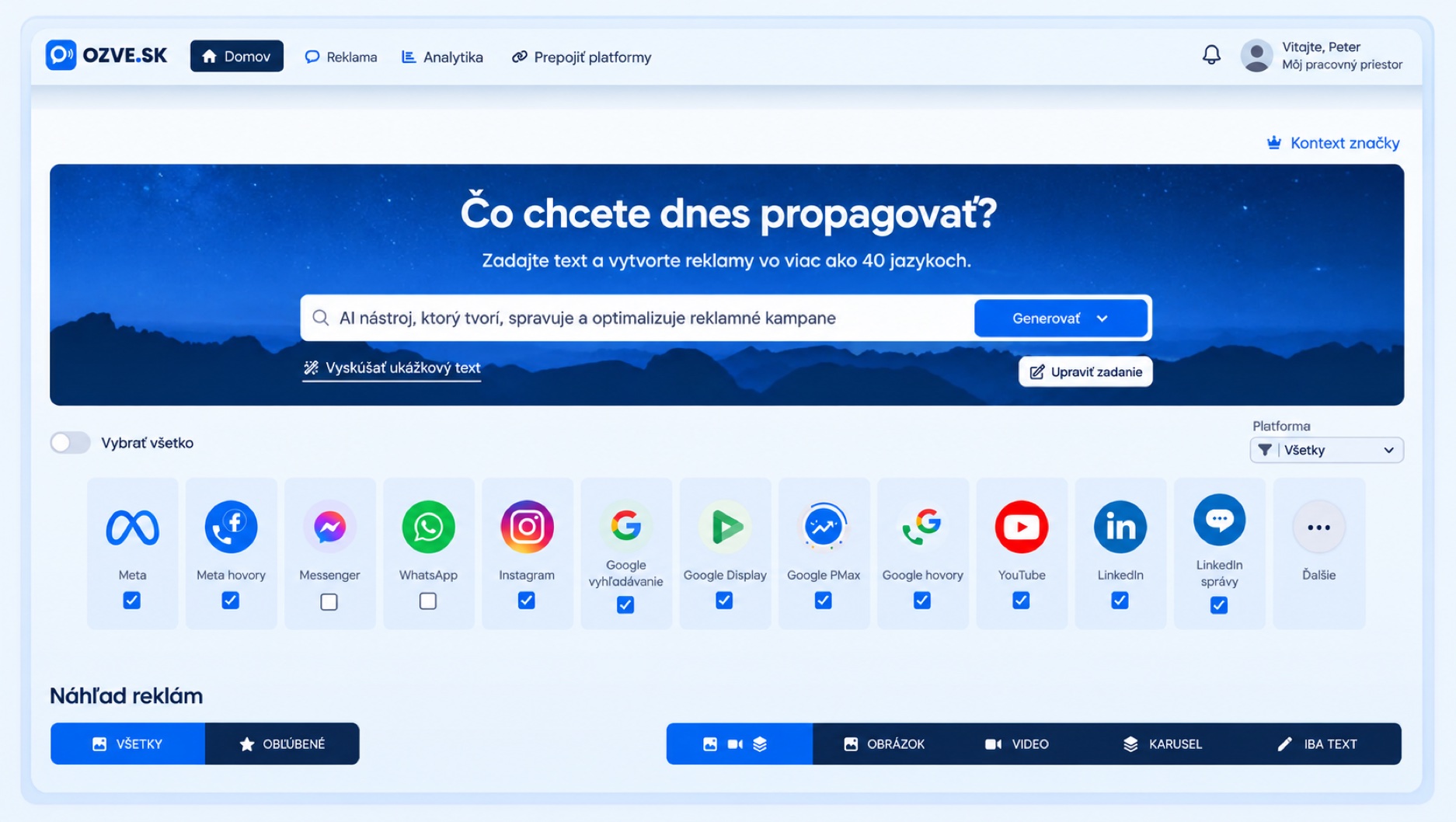 Rozhranie OZVE AI reklamy: zadanie a výber reklamných sietí