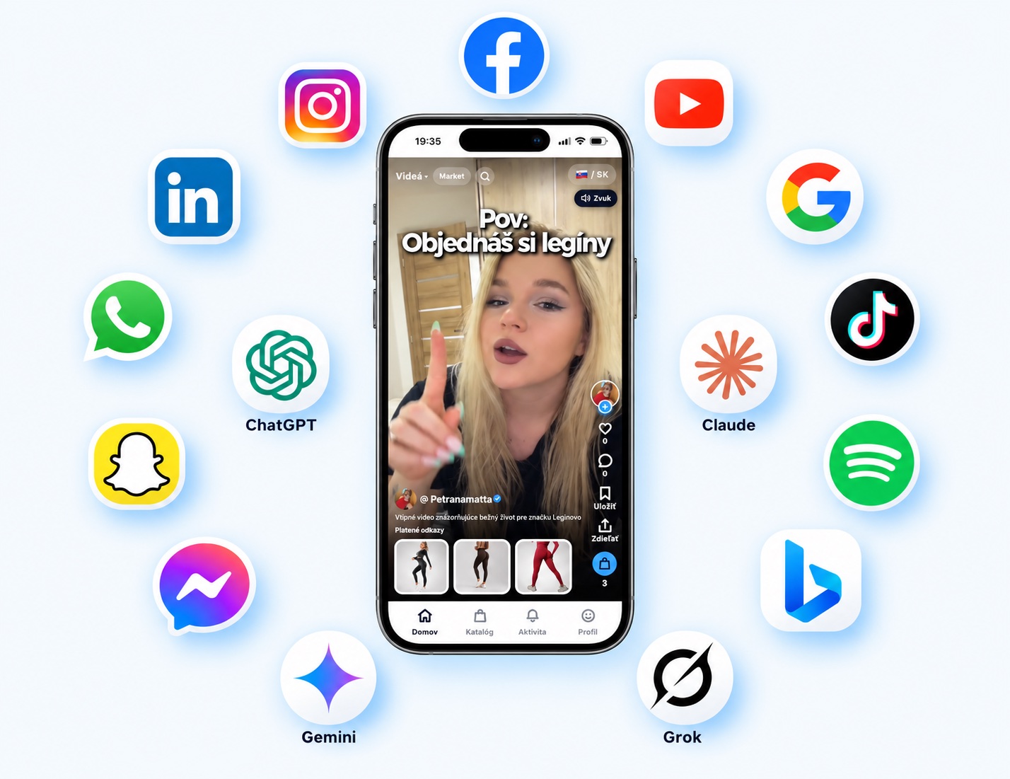 Mobil s krátkym videom a ikony sietí, kam sa príspevky zverejňujú