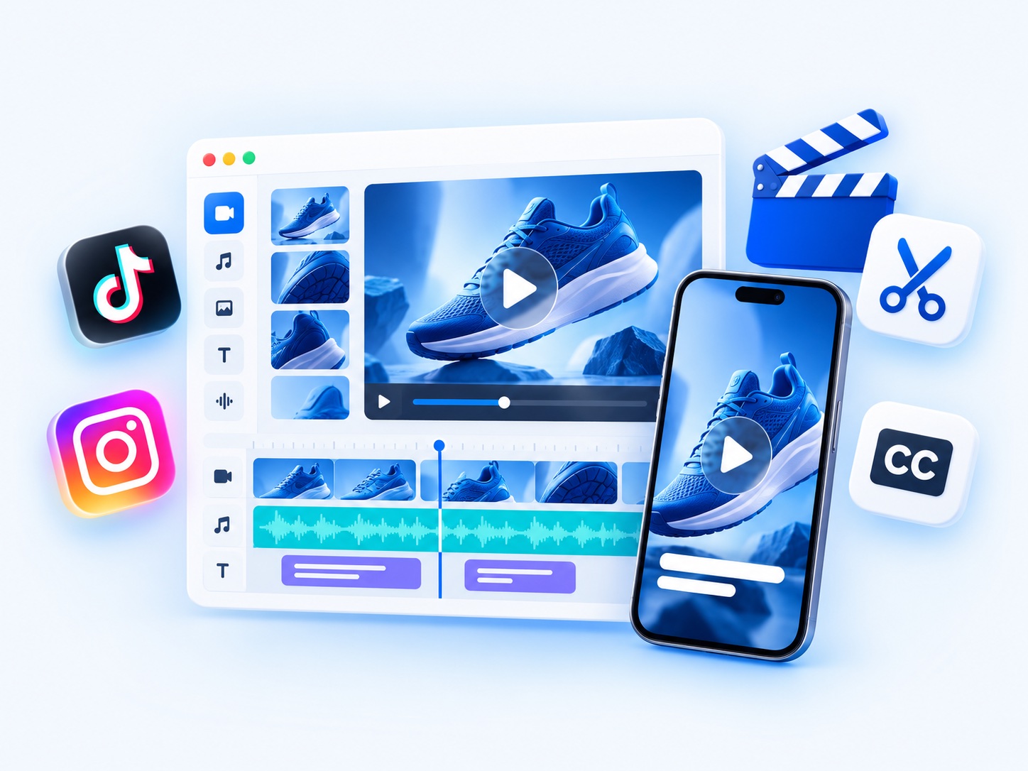 Strih krátkeho videa: časová os so zábermi, zvukom a titulkami a hotové video v mobile
